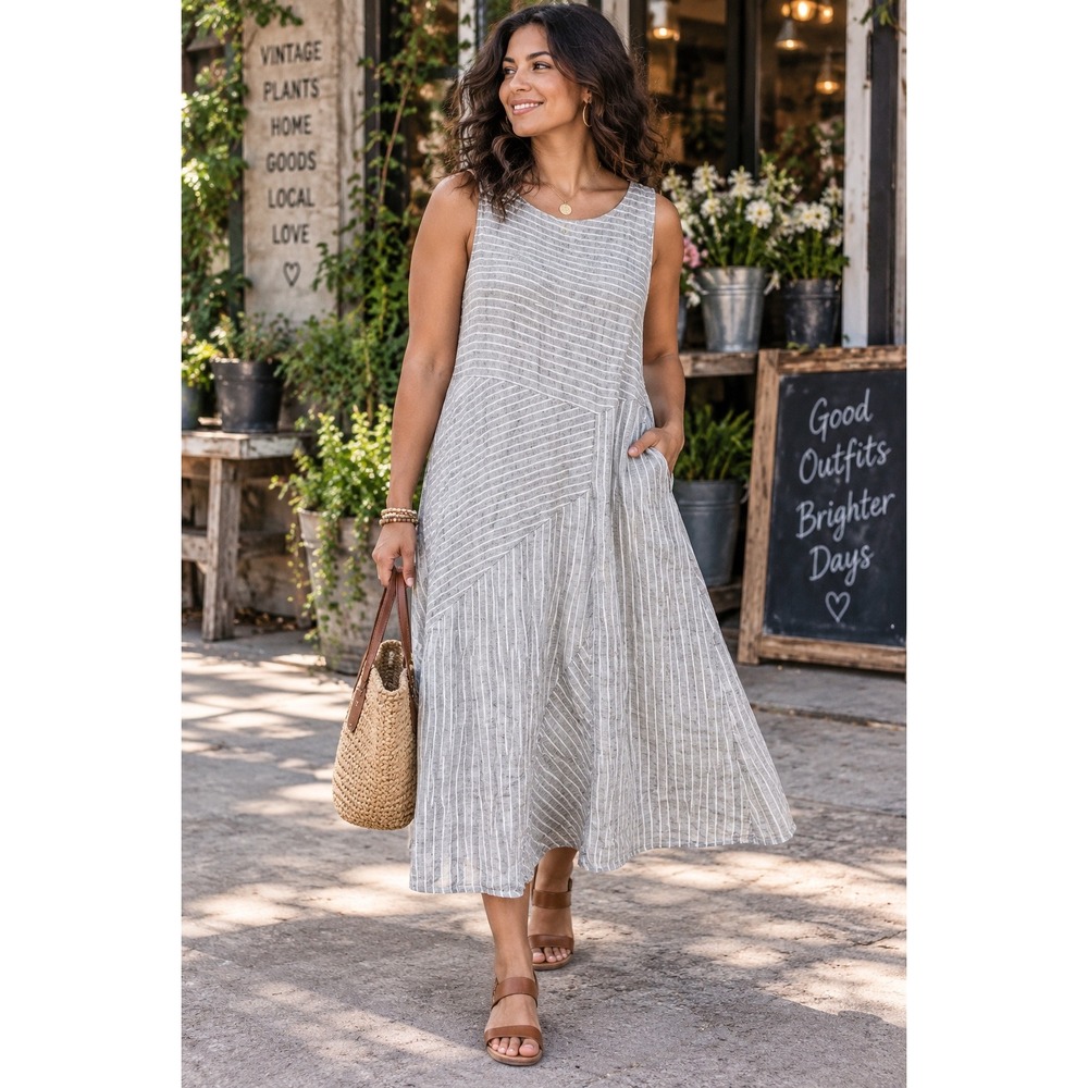 J. Jill Love Linen Womans Large Dress Gray Stripes Pockets Pockets